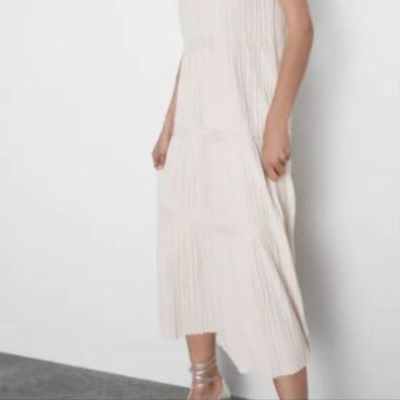 ZARA BANDAGE Knit Pleated Midi Dress Ivory Stretch Sleeveless V Neck Viscose L - Picture 9 of 16